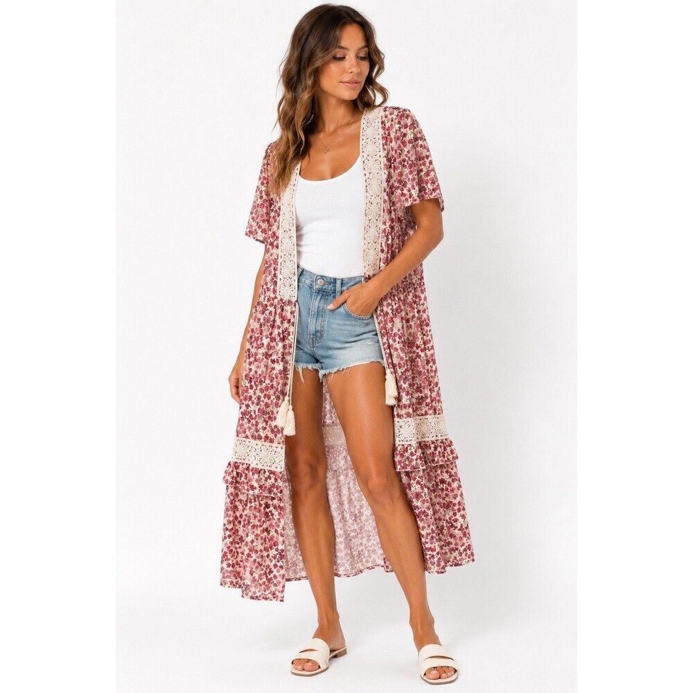 Ember Floral Lace Trim Boho Kimono Cardigan Duster Cover Up XL Cottagecore